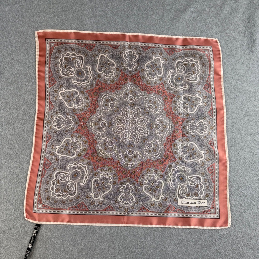 Christian Dior Monsieur Silk Pocket Square Pink Grey Paisley Made in Italy 19"